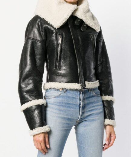 Women Black Long Collar Shearling Jacket