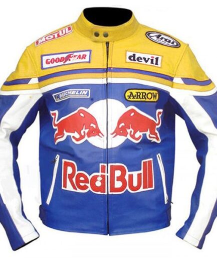 Yellow Red Bull Motor Biker Leather Jacket