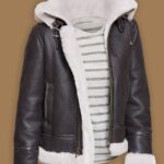 Men Black Shearling Leather Jacket With Hoodie