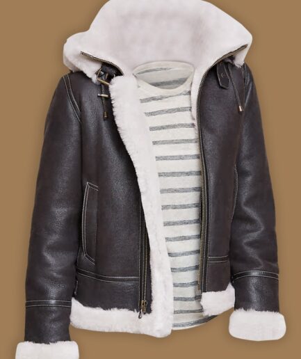 Men Black Shearling Leather Jacket With Hoodie