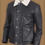 Men Black Button Shearling Leather Jacket