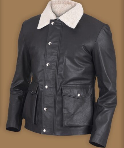 Men Black Button Shearling Leather Jacket