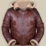 Men Brown Shearling Jacket With Hoodie