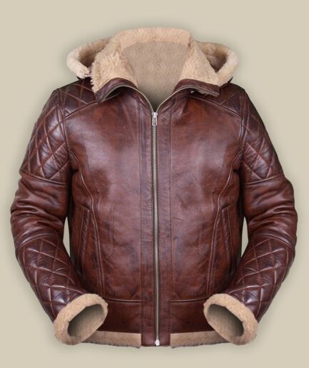 Men Brown Shearling Jacket With Hoodie