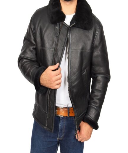 Men Black Shearling Flying Leather Jacket