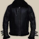 Men Black Biker Shearling Jacket