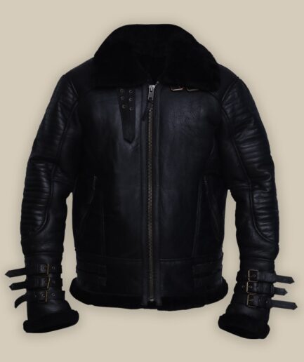 Men Black Biker Shearling Jacket