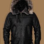Men Black Shearling Jacket With Hoodie