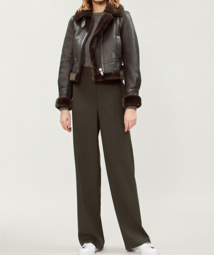 Women Black Shearling Bomber Leather Jacket