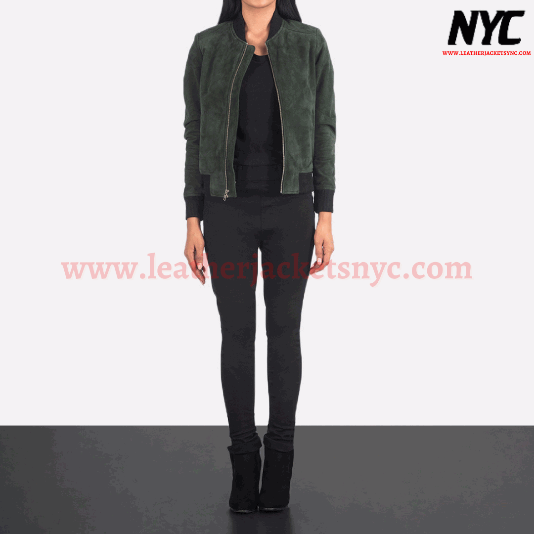 Bliss Green Suede Bomber Jacket-2