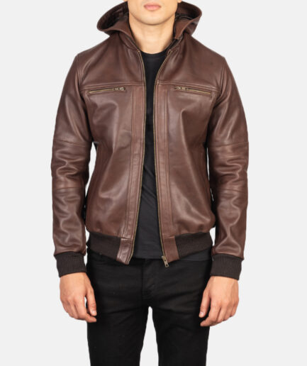 Bouncer Biz Brown Leather Bomber Jacket Men