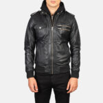 Bravado Black Hooded Leather Bomber Jacket For Men