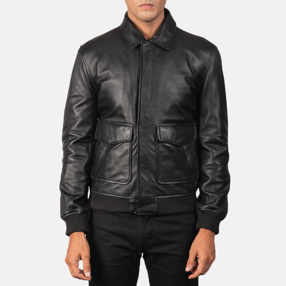 Coffmen Black Leather Bomber Jacket 03