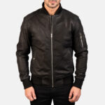 Distressed Black Leather Bomber Jacket for Men