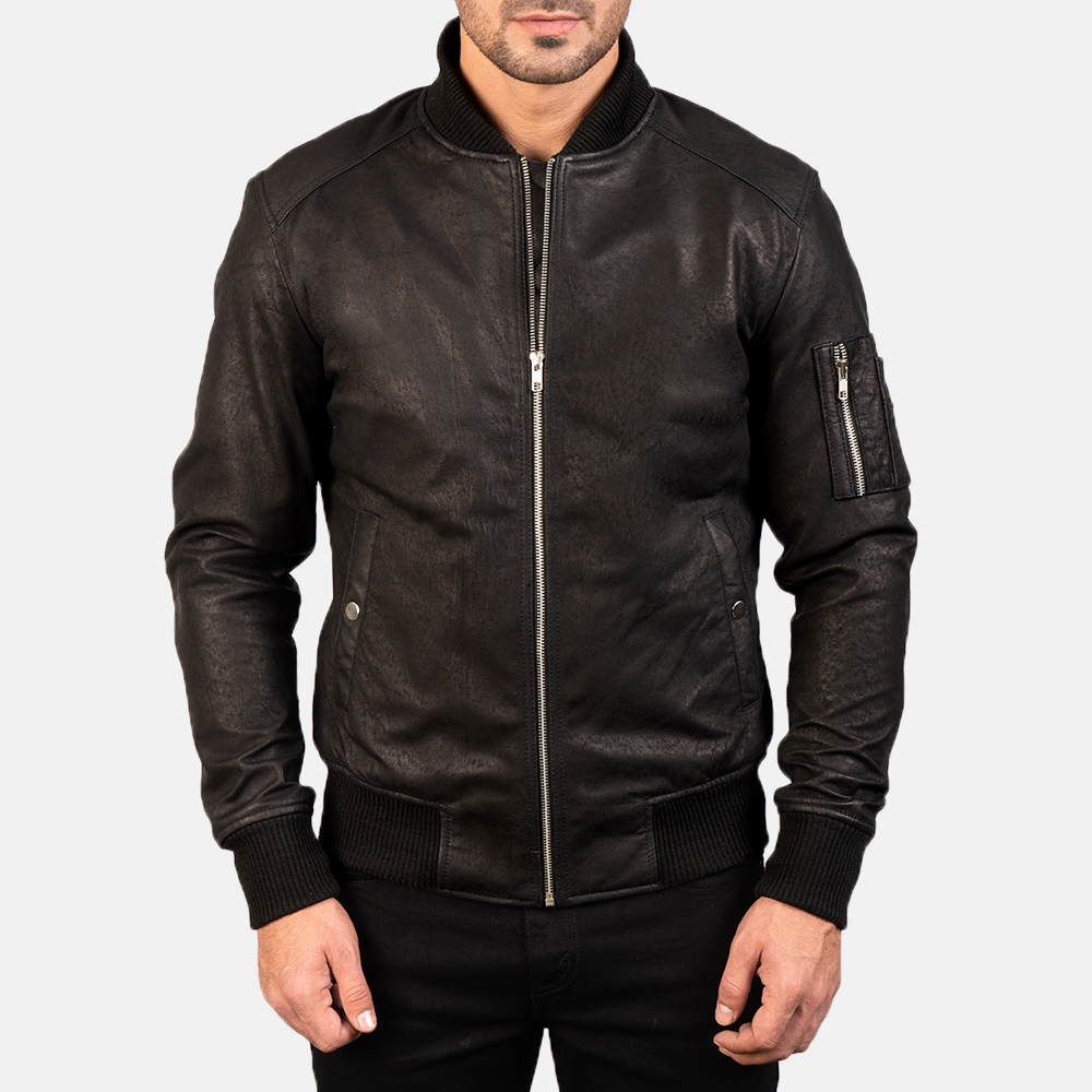 Distressed Black Leather Bomber Jacket for Men Distressed Black Leather Bomber Jacket for Men