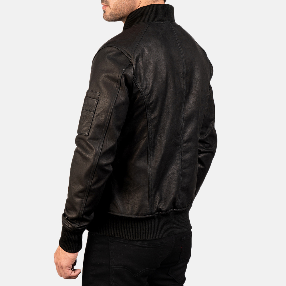 Distressed Black Leather Bomber Jacket for Men-2