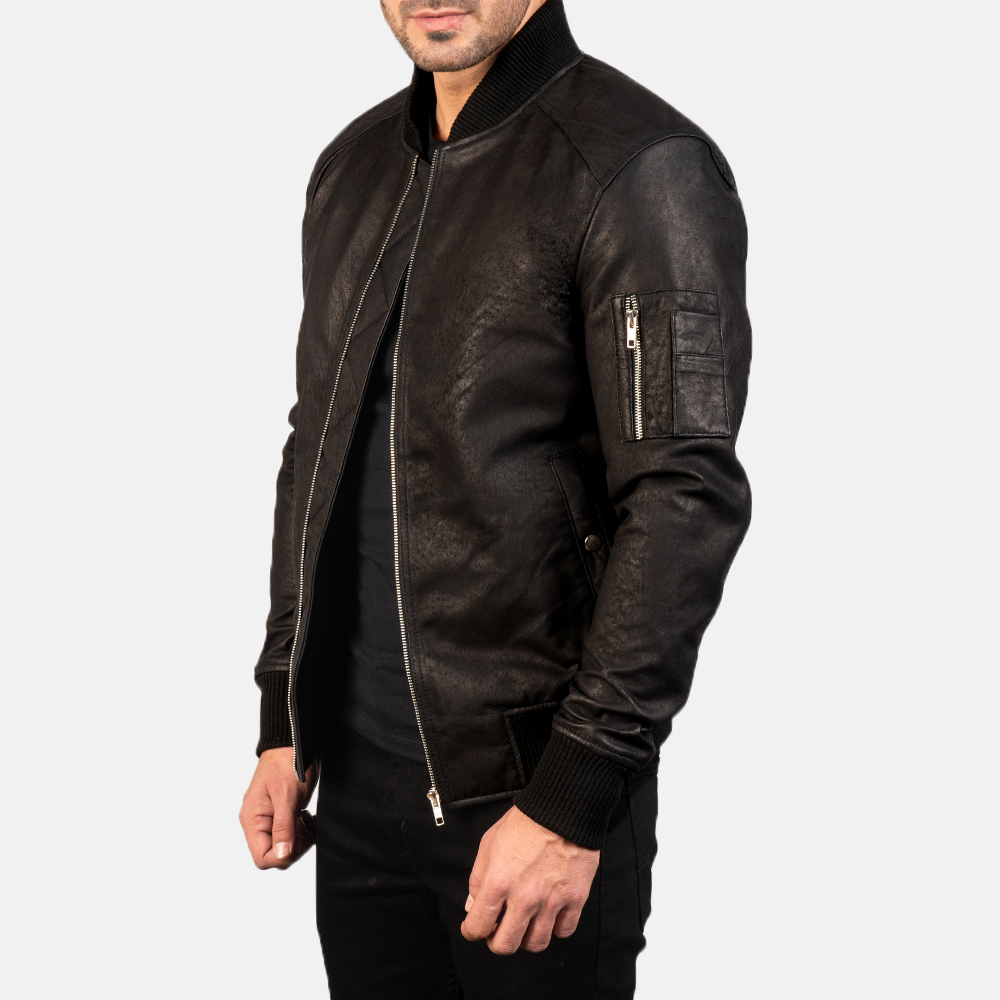 Distressed Black Leather Bomber Jacket for Men-3