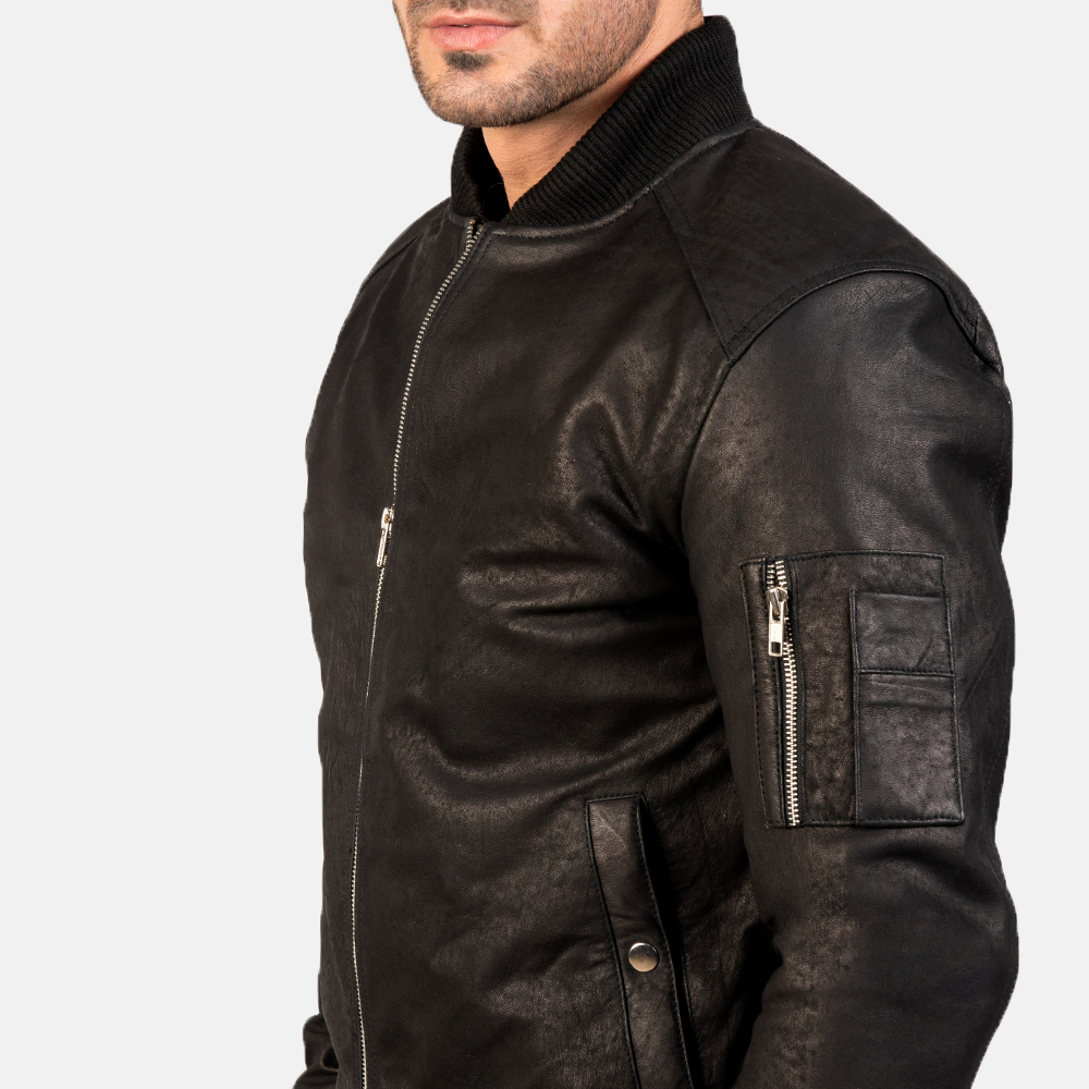 Distressed Black Leather Bomber Jacket for Men-4