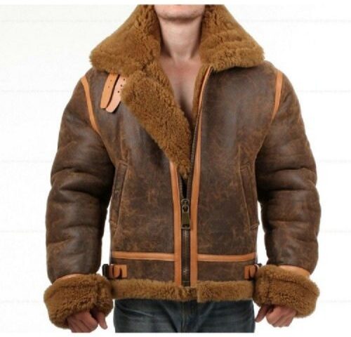 Distressed Faux Shearling Bomber Genuine Real Leather Jacket