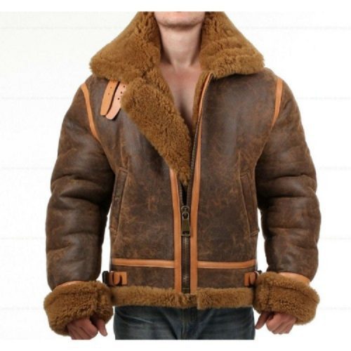 Distressed Faux Shearling Bomber Genuine Real Leather Jacket