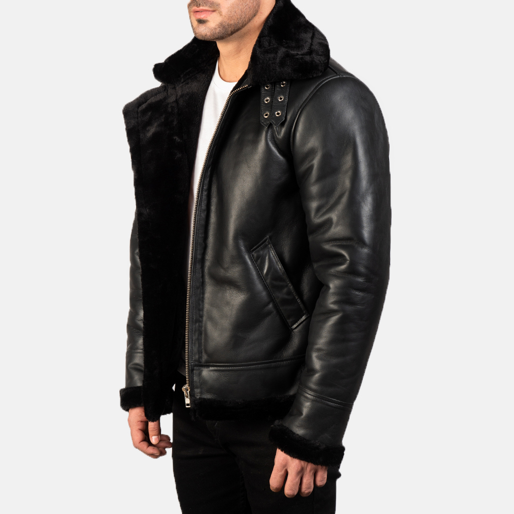Francis B-3 Black Leather Bomber Jacket Men-3
