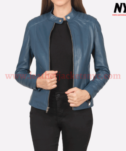 Kelsee Blue Genuine Leather Biker Jacket