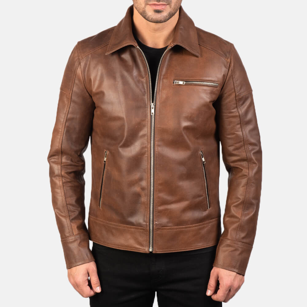Lavendard Brown Leather Biker Jacket 03