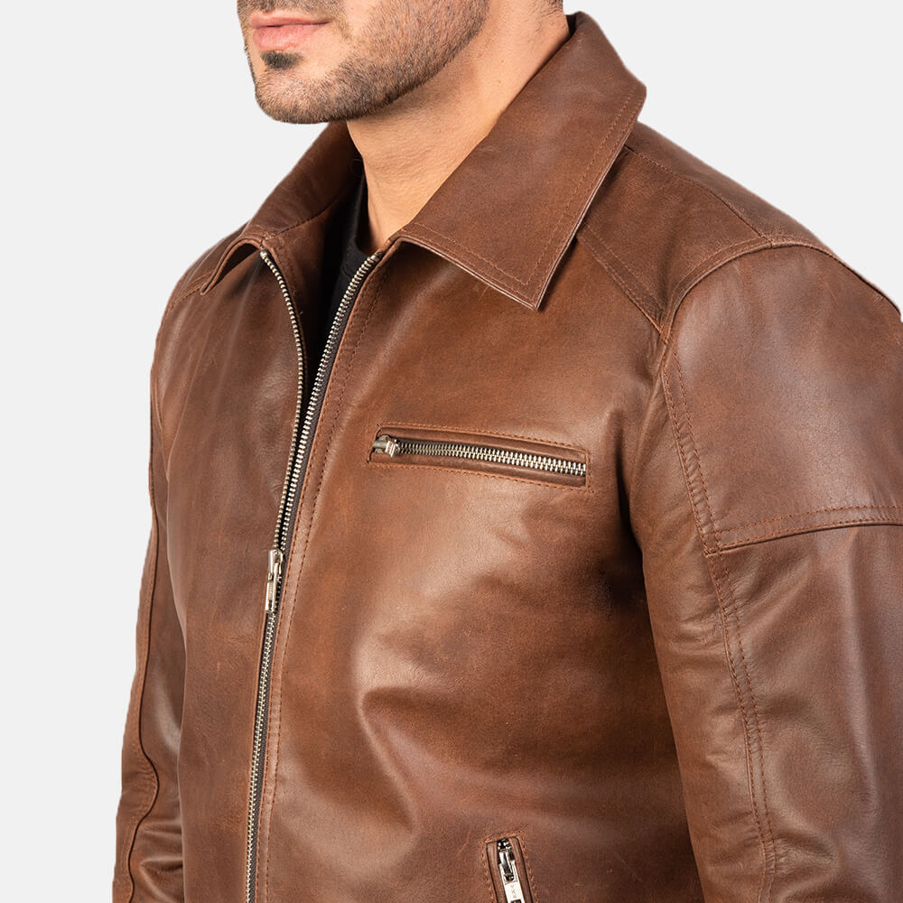 Lavendard Brown Leather Biker Jacket 05
