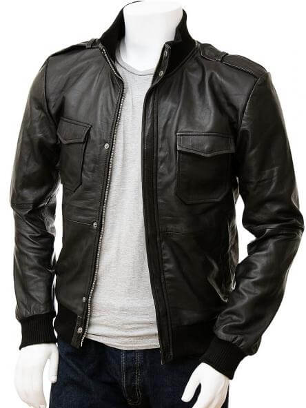 MEN'S BLACK Men's Black Leather Bomber Jacket