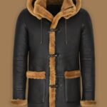 Men Black Shearling Coat With Hoodie