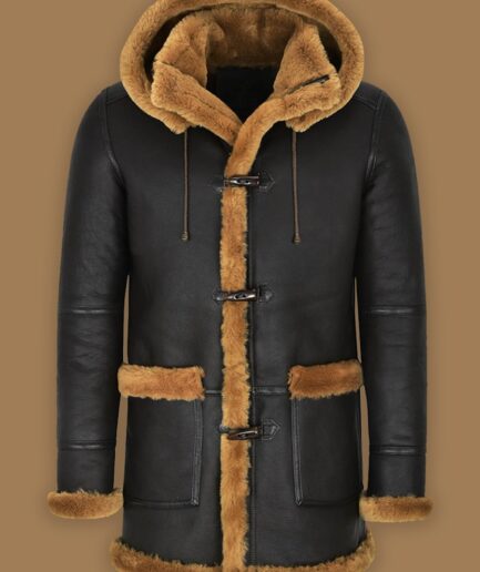 Men Black Shearling Coat With Hoodie