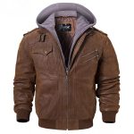 Men Motorcycle Removable Hood Winter Coat Genuine Leather Jackets Black & Brown
