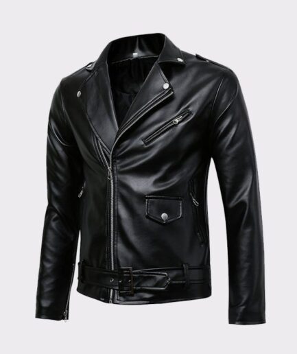 Men’s Classic Police Style Real Leather Motorbike Jacket