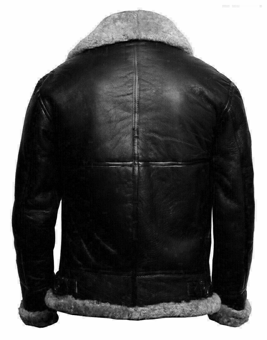 Men's RAF Aviator B3 Flying Genuine Bomber SheepSkin Leather Jacket Black Grey11