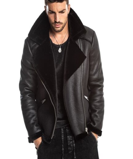 Men Ink Black Shearling Leather Jacket