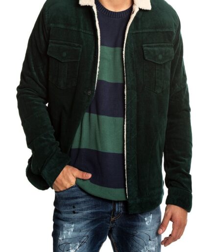 Men Green Wool Jacket With Fur Collar