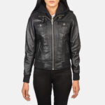 Roslyn Black Hooded Genuine Leather Bomber Jacket