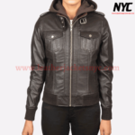 Roslyn Brown Hooded Bomber Leather Jacket