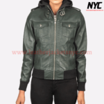 Roslyn Green Hooded Bomber Leather Jacket