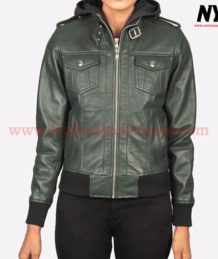 Roslyn Green Hooded Bomber Leather Jacket