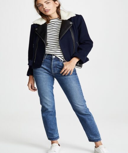 Women Dark Blue Jacket With Fur Collar