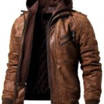 Brown Distressed Hooded Handmade Genuine Sheepskin Leather Jacket