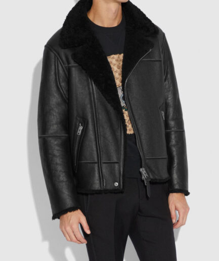 Men Black Shearling Moto Jacket