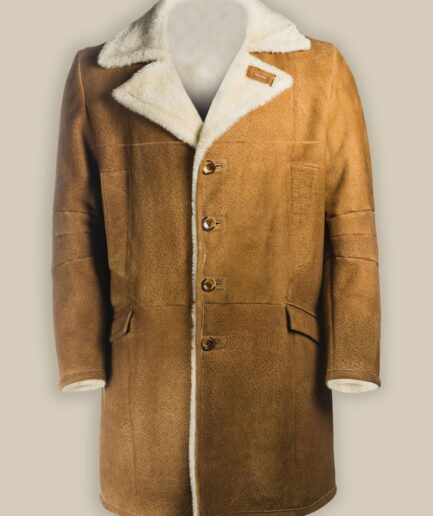 Men Brown Distressed Shearling Long Coat