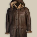Men Brown Shearling Hoodie Coat