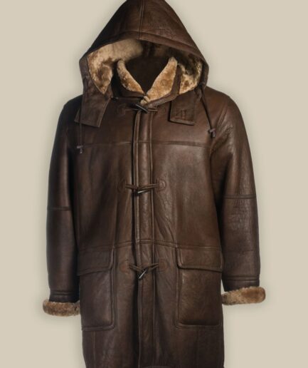 Men Brown Shearling Hoodie Coat