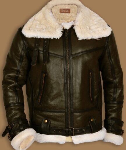 Army Green Men B3 Bomber Shealring Leather Jacket