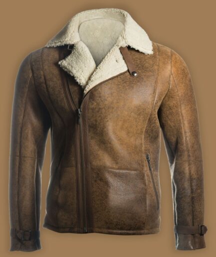 Men Brown Distressed Shearling Jacket